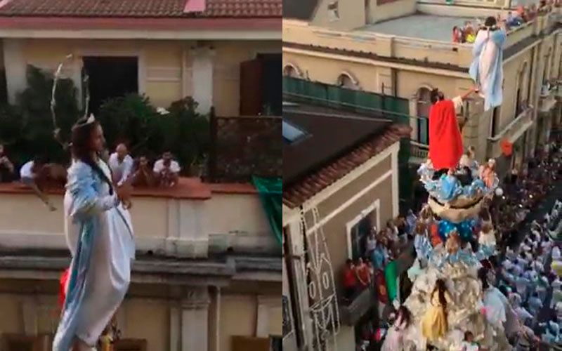 Actriz disfrazada de María "vuela" sobre las calles en impresionante festival italiano