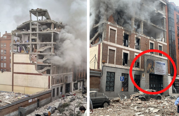 [Video] Explosión en Madrid: Letrero de la Virgen permanece intacto en medio de la destrucción