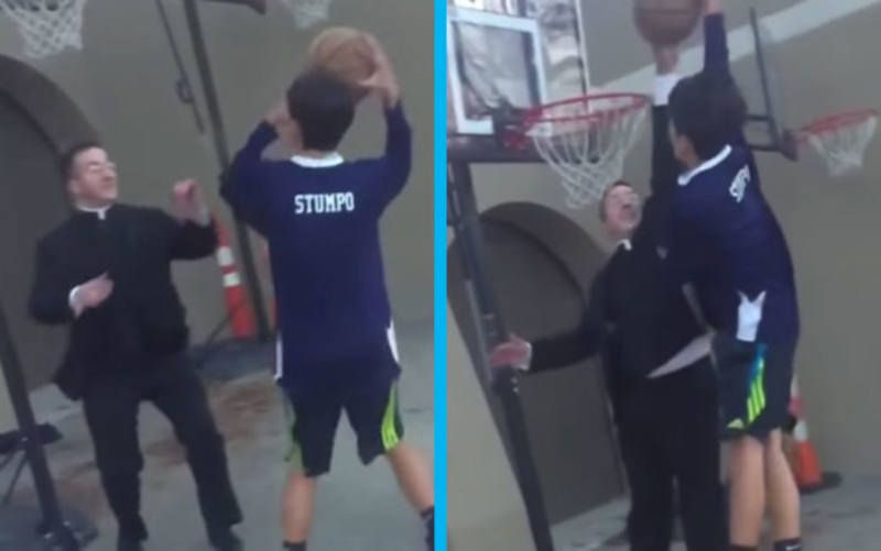 Este video de un seminarista bloqueando una jugada de básquetbol se ha vuelto viral