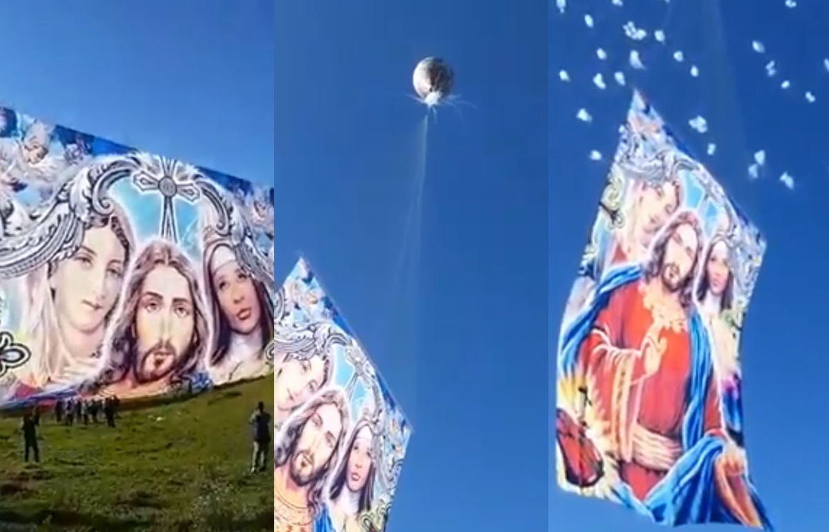 Video Viral: Póster gigante del Sagrado Corazón de Jesús es alzado por los cielos