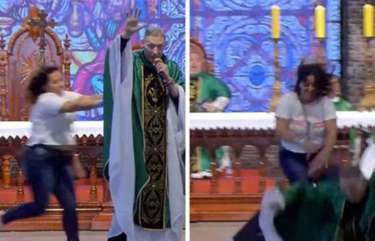 Sacerdote es empujado en plena homilía durante Misa multitudinaria en Brasil