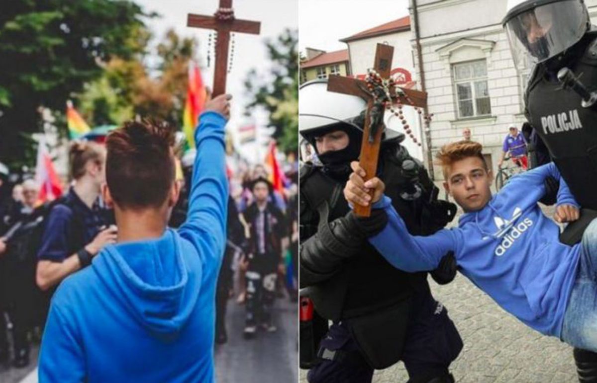 Cuando un adolescente bloqueó marcha del orgullo gay con cruz y rosario en mano