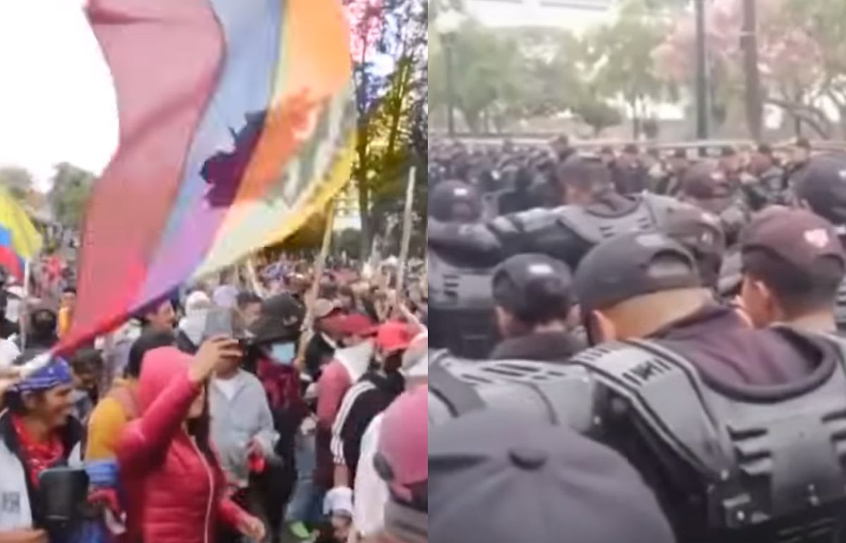 Policía ecuatoriana reza antes de actuar contra los manifestantes en plena crisis
