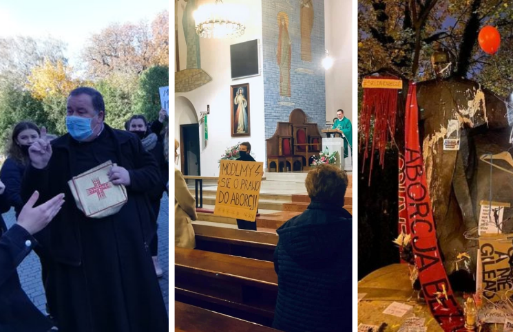 Activistas proaborto invaden la misa, agreden a cura, y profanan estatua de San Juan Pablo II