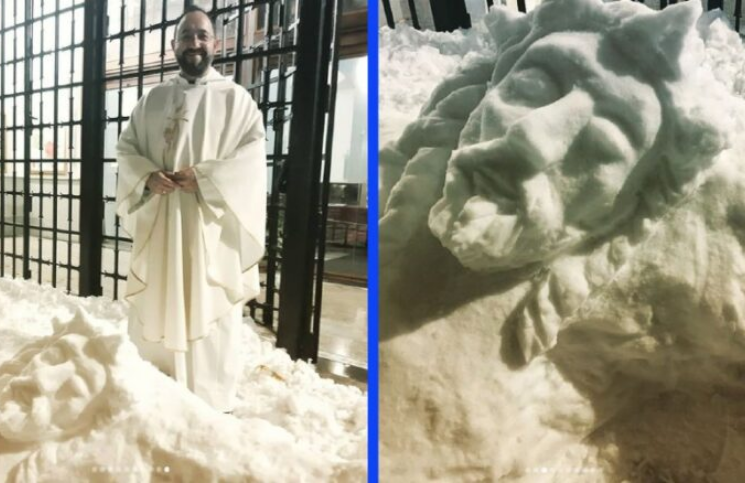 "Mi Cristo de la nieve": un sacerdote construye increíble crucifijo después de una tormenta invernal