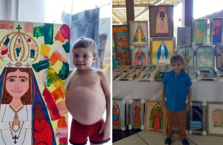 [Viral] Niño pinta cuadros de santos para pagar su tratamiento y conmueve las redes