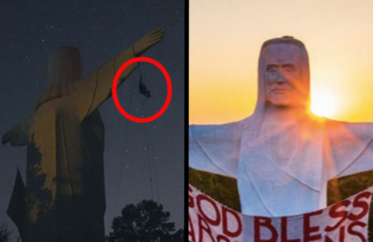 Profanan estatua gigante de Cristo con pancarta "Dios bendiga los abortos"
