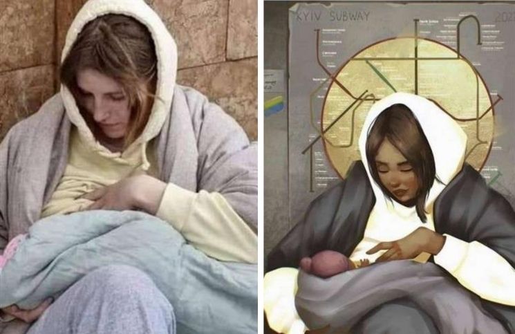 La conmovedora obra "La Virgen y el Niño en el metro de Kiev"