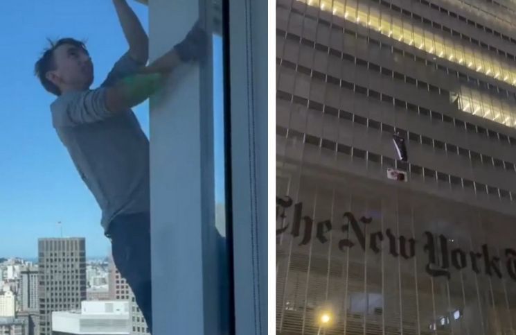 [Video] Joven escala y cuelga carteles provida en el rascacielos del New York Times